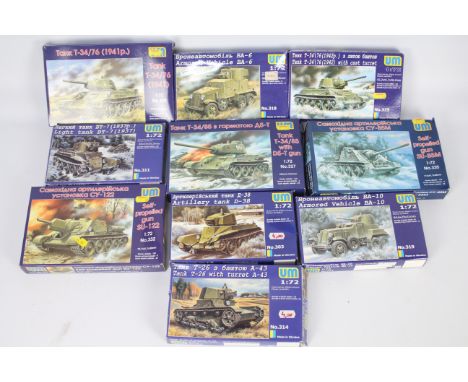 UM - Ten boxed 1:72 scale military vehicle plastic model kits by UM. Lot includes #325 T-34/76 Tank with cast turret; #318 BA