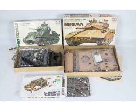 Tamiya - Three boxed 1:35 scale tank and military accessory plastic model kits. Lot consists of Tamiya #3627 Merkava Israeli 