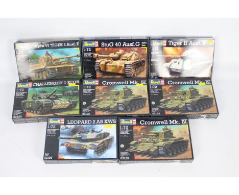 Revell - Eight boxed 1:72 scale military vehicle plastic model kits by Revell. Lot includes #03123 Cromwell Mk.IV; #03138 Tig