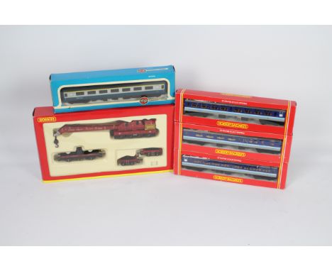 Hornby - Airfix - 5 x boxed OO gauge items, a 75 Ton Breakdown Crane # R6104, 3 x coaches in Scotrail livery # R395, # R432, 