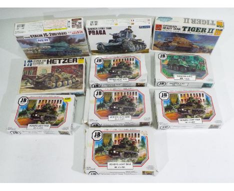 Fujimi, JB Models - 10 boxed 1:76 scale military vehicle plastic model kits. Lot includes JB Models JB1009 Vickers Light Tank