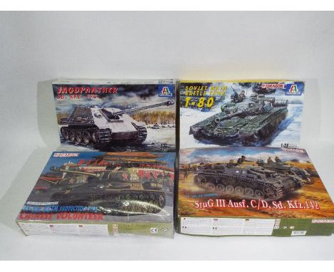 Dragon, Italeri - Four boxed 1:35 scale plastic model tank kits. Lot comprises Dragon #6804 JS-2M UZTM Production Type Tank '