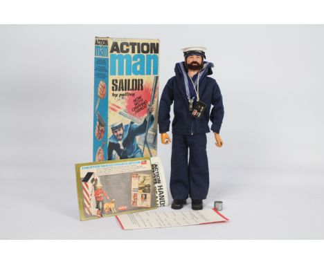 Palitoy, Action Man - A boxed Palitoy #34054 Action Man Sailor figure. The dark brown flock haired bearded figure with grippi