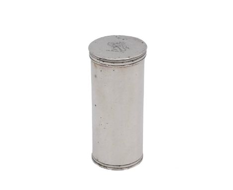 Continental silver nutmeg grater of cylindrical form, the rising lid with hinged section revealing the grater. The lid decora