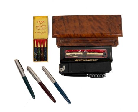 A Thuya Wood pen box, three Parker fountain pens, a boxed set of four Bridge pencils, and two biros in cases. (7)