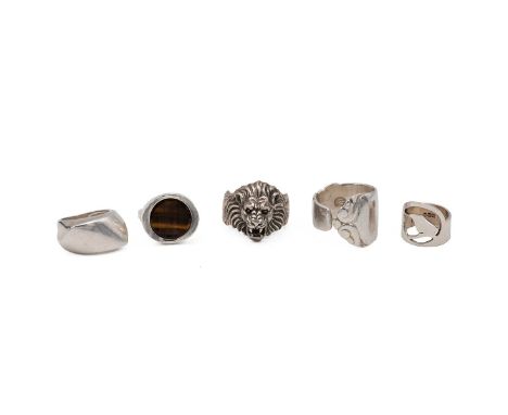 N E From silver Danish tiger's eye set ring, along with a silver Susan Whitehead woodpecker ring, Jens Aagaard style silver r