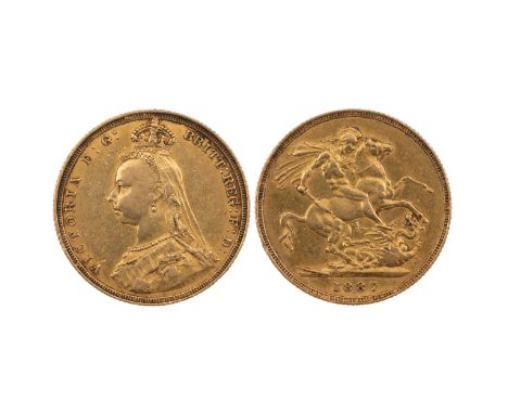1887 Victoria gold Sovereign, London mint, Jubilee Head, first legend, hooked J (S 3866D). Grade: F - Fine.