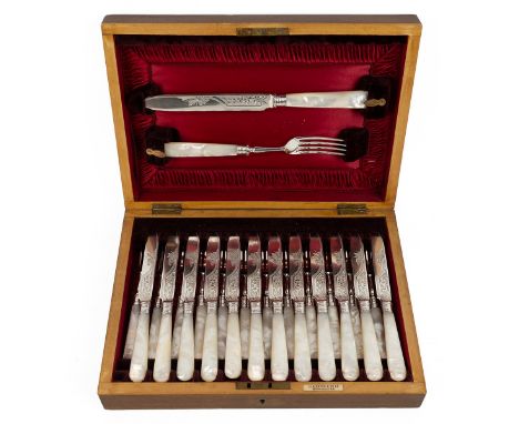 Cased twelve setting silver and mother of pearl canteen of dessert/fruit knives and forks. Hallmarked Birmingham 1895, maker 