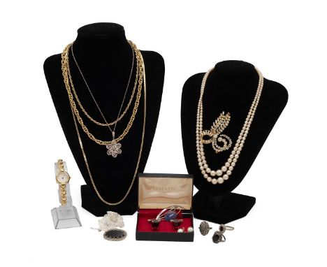 A small collection of costume jewellery including silver brooches, pair of cufflinks, Sekonda watch, brooches, rolled gold ne