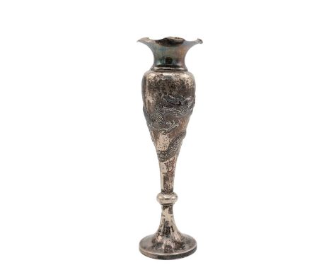 Chinese silver vase stamped 85 (af-Tests 850),&nbsp; with fluted rim and of baluster form decorated with a four claw cloud dr