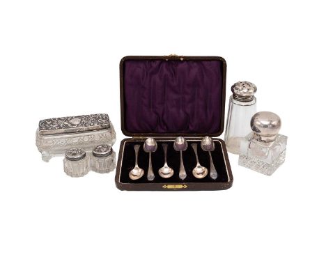 Assorted silverware to include silver topped jars/pots, silver topped inkwell and a cased set of six coffee spoons cased, var
