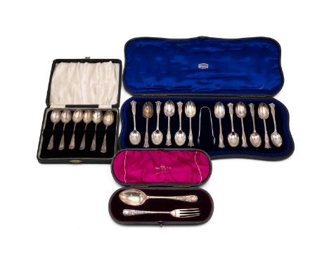 Boxed set of 12 silver teaspoons &amp; nips in a tooled leather case. Hallmarked London 1898, maker Josiah Williams &amp; Co,