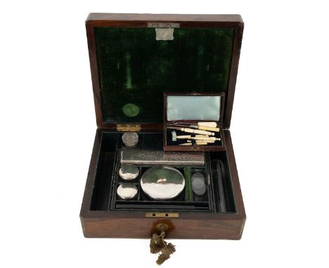 Cased set of bone-handled lace worker's tools, mid 19th Century, box 12.5cm x 7.5cm. Also a 19th century Coromandel Wood 'Cam