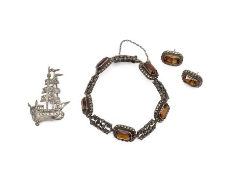 A silver&nbsp;marcasite and gem set panel bracelet, along with a pair of matching earrings, and a silver pin brooch in the fo