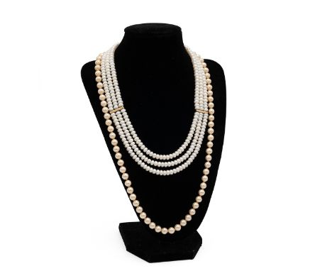 Three strand squat pearl chocker necklace with 14ct Clasp divide into three sections with 14ct gold bars, together with a sim
