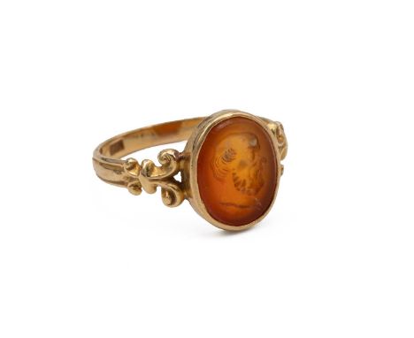 An 18ct stamped &amp; tested gold intaglio ring possibly converted weight 3.8 grams, size S.