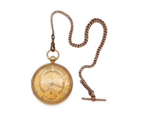 18ct gold pocketwatch, 19th century. 62mm case, key wound, bright cut engraving to dial depicting a spray of flowers, Roman n