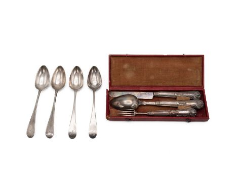A Georgian silver three piece Christening set in original tooled leather fitted case, hallmarked Birmingham 1827, maker Unite