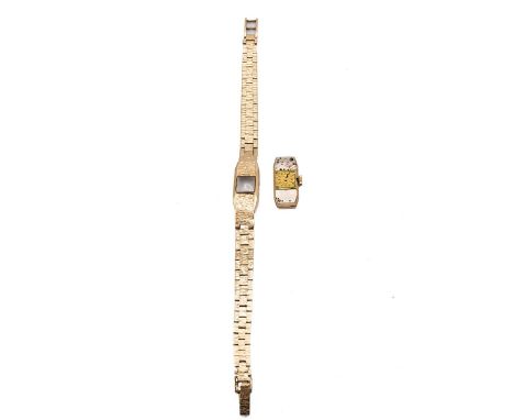 9ct gold Rotary ladies watch and 9ct strap. Manual wind, 11x23mm rectangular case, gold tone dial with baton hour markers and