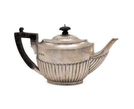 Silver hallmarked early Edwardian half-ribbed teapot with ebonised handle and finial,&nbsp; hallmarked London 1903, maker&nbs