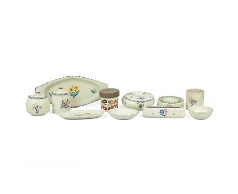 Vintage Poole Pottery to include 2 x preserve jars, 3 x posy vases, 3 x shallow dishes, 2 x bowls and a herb jar with metal c