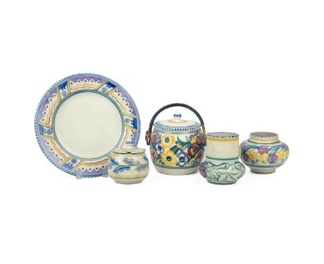 Carter Stabler &amp; Adams collection of 1920's Poole pottery to include a biscuit barrel with cover, two vases, conserve jar