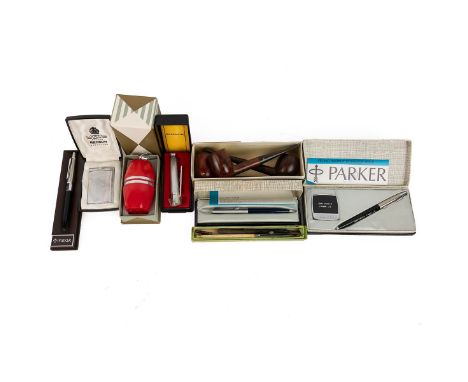 Vintage Parker Pens all boxed, a 1950's Poppell boxed lighter, Ronson Comet Lighter boxed unused, collection of pipes etc.