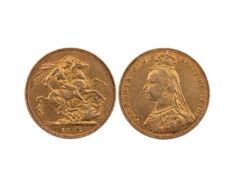 1887 Victoria gold Sovereign, London mint, Jubilee Head, first legend, angled J (S 3886). Grade: F - Fine.