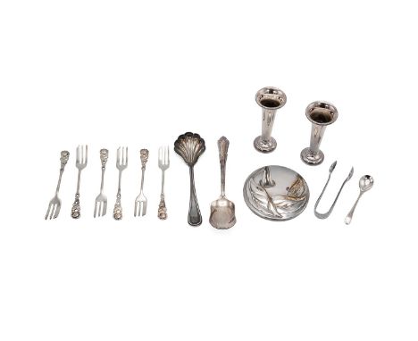 Silver plated Tiffany &amp; Co hand mirror and collection of plated ware, including a miniature pair of bud vases, flatware e