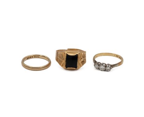 Three 18ct gold hallmarked rings, an 18ct and platinum set three stone rose cut diamond ring the centre stone 0.2cts approx f