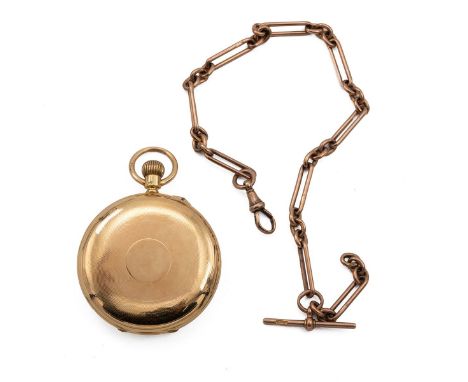 Benson 18ct gold hunter pocket watch and chain. 67mm case with engine turned decoration to each side, quick wind, movement ma