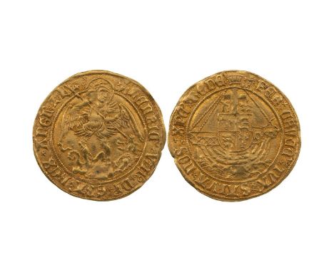 Henry VIII gold Angel, first coinage (1509-1526) castle mintmark (S 2265, North 1760). Obverse: Saint Michael slaying a drago