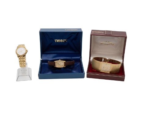 Boxed Rotary vintage gent's wristwatch. Textured gold tone finish, 42mm case, date at 3; A boxed Tissot Ballade lady's two to