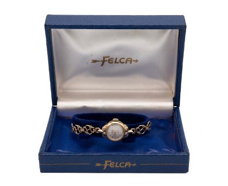 9ct Gold Felca Prescott Ladies wristwatch, c1962 Manual wind, 18mm case, silvered dial, baton hour markers, dedication to the