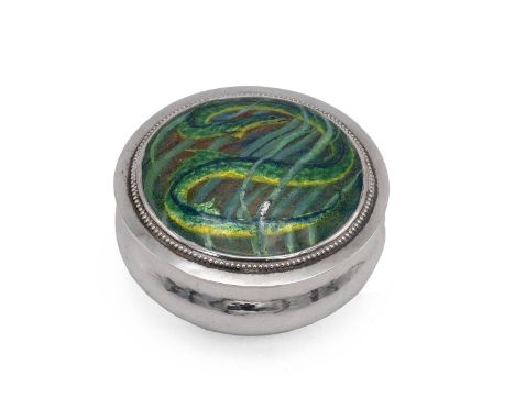 Silver Guild of Handicraft enamel bowl and lid decorated with an eel amongst weeds within a beaded frame. The enamelling prob