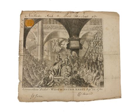 Historic Royal interest. George III Coronation ticket, Westminster Abbey, 1761. Marked as 'First gallery, No. 375, Northern A