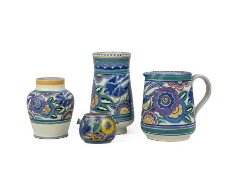 Carter Stabler &amp; Adams 1920's ceramic collection comprising two Poole pottery vases, a jug and a small hanging flower pot