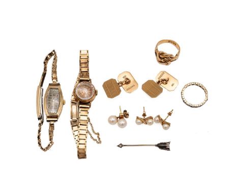 An assortment of mixed gold jewellery to include, a ladies 9ct hallmarked&nbsp; vintage Omega wrist watch and strap weight 19