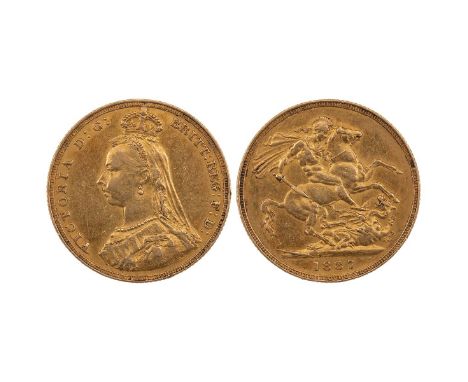 1887 Victoria gold Sovereign, London mint, Jubilee Head, first legend, angled J (S 3886). Grade: F - Fine.