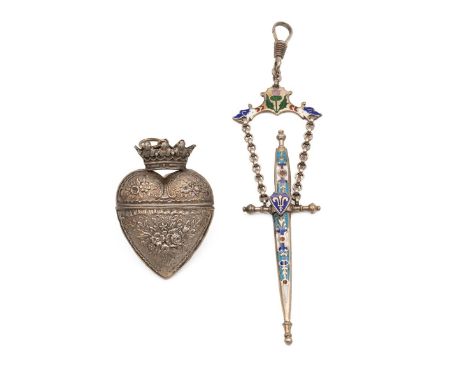 White metal Heart Shaped Vesta style case with crown decorated with flowers together with a Fine silver and enamel scissor ch