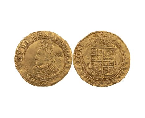 Charles I gold Unite, lis mintmark (1625), group A (S 2685, prev 2688, North 2146, close to Schneider 114). Obverse: first bu