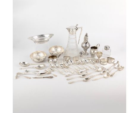 A collection of miscellaneous silver and white metal items, to include a silver sugar sifter, (weighed), teaspoons, pair of m