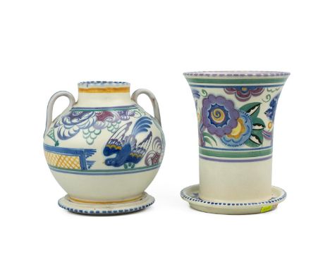 Carter Stabler &amp; Adams 1920's Poole pottery two handled vase and stand, both pieces with impressed maker's mark and the v