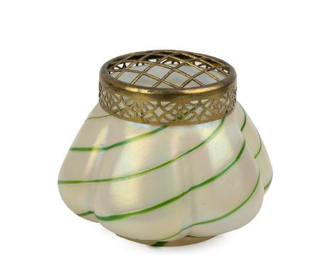 Attributed to Loetz Kralik an Art Nouveau glass rose bowl of lobed form, the iridescent body decorated with spiralling green 