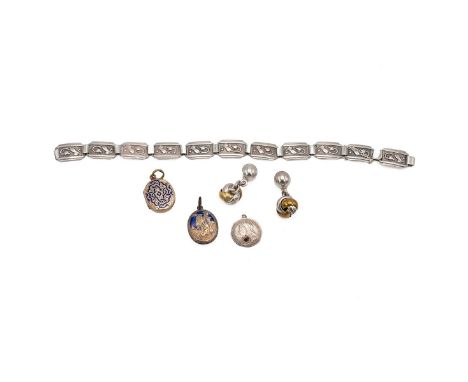 Mid century Danish silver panel bracelet, decorated with tulips, stamped "830", along with a pair of cufflinks, two gold plat