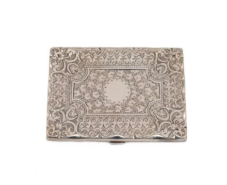 Silver notepad with engine-turned foliate engravings. A spring clasp reveals a silk lined interior, ivory writing boards and 