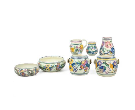 1930's/1940's Poole Pottery collection to include: 2 x biscuit barrels with covers and cane handles; a small salad bowl ( dia