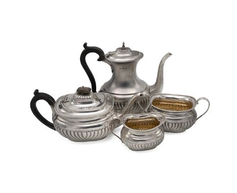 Silver near matched four piece silver tea set, comprising coffee pot, London 1895; teapot London 1896; twin handled sugar bow
