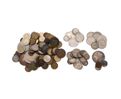 Coins to include pre 1920 (55g) and pre 1947 British silver, European silver, a USA Indian Head cent and others.