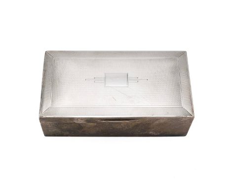 George V silver cigarette box, engine-turned decoration to lid, vacant art deco cartouche, cedar lined, Birmingham 1935, make